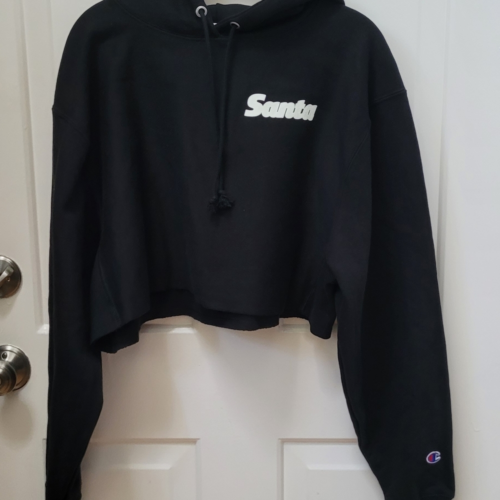 Champion Reverse Weave Black Cropped Hoodie w/the word "Santa" Embroidered-NWOT